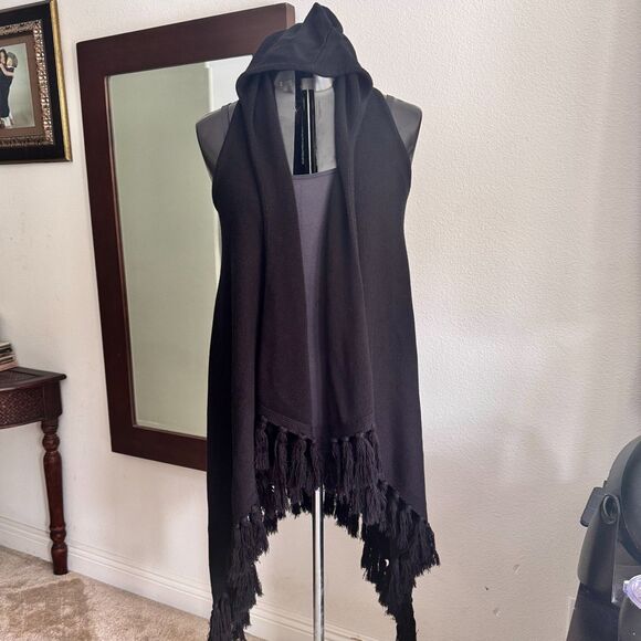 TASI Malibu Hooded Cardigan Black Boho Festival Open Front Sleeveless Duster M - Picture 2 of 9